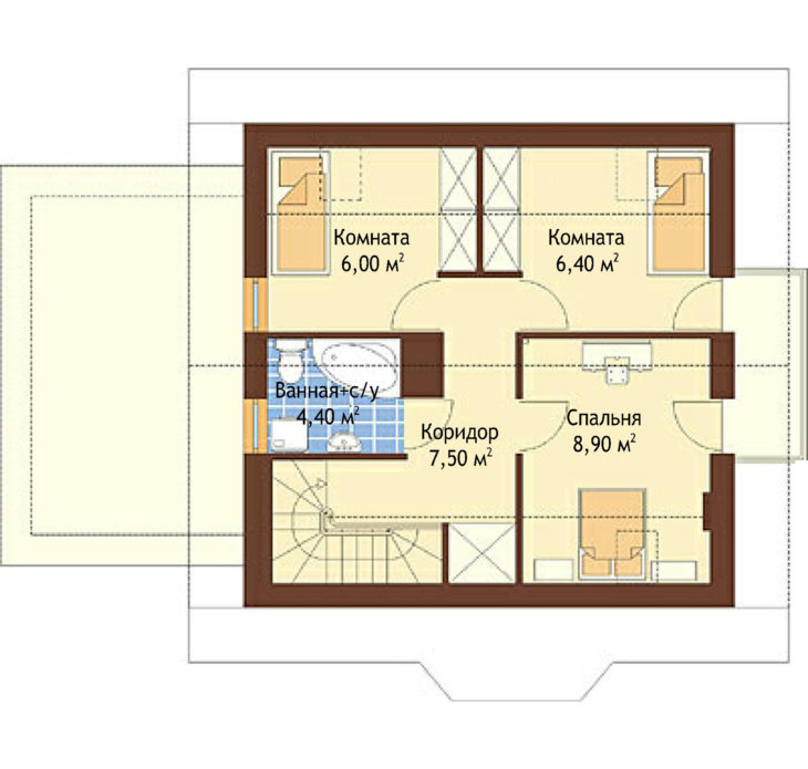 План 2 этажа мансардного дома с террасой и гаражом S85