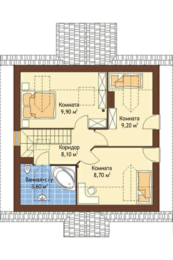 План 2 этажа мансардного дома с гаражом S87