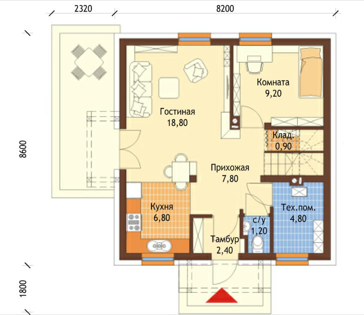 План 1 этажа мансардного дома с террасой S90