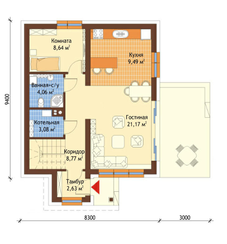 План 1 этажа мансардного дома с террасой S91