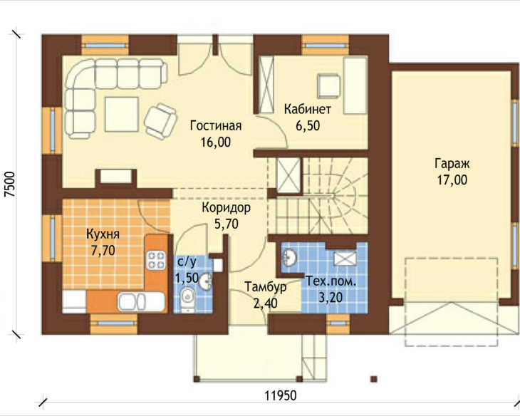 План 1 этажа мансардного дома с гаражом S92