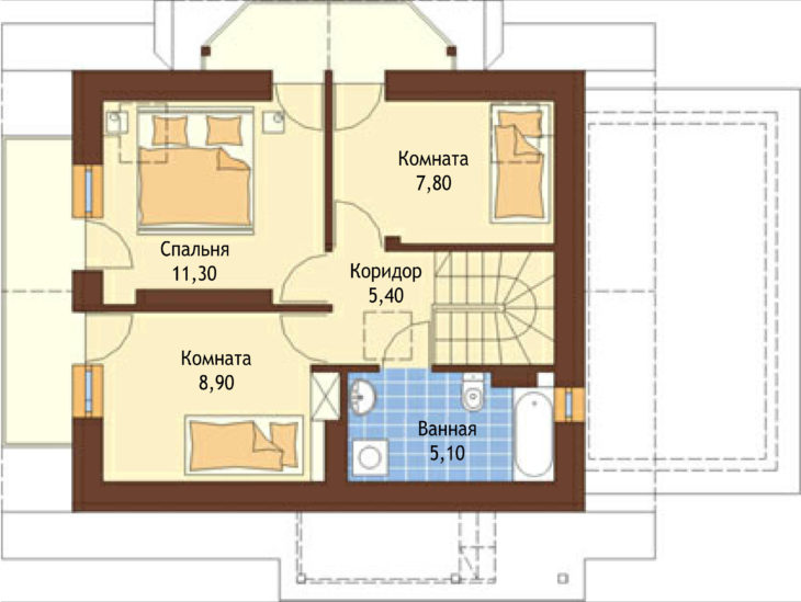 План 2 этажа мансардного дома с гаражом S92