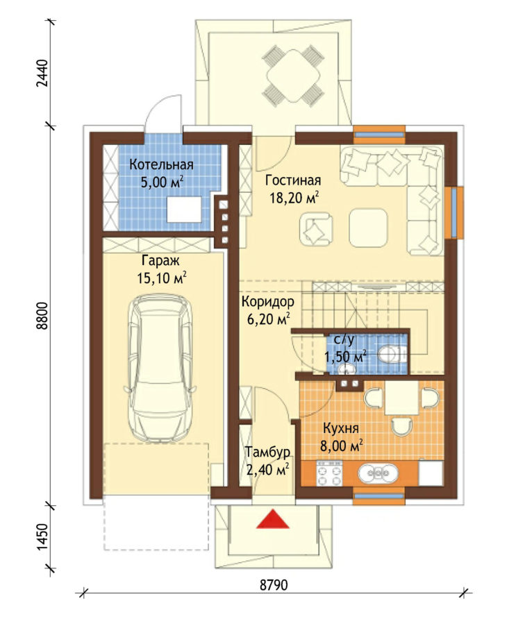 План 1 этажа мансардного дома с террасой и гаражом S93