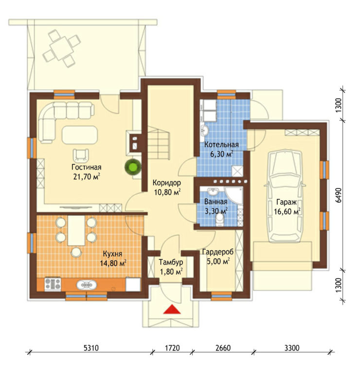 План 1 этажа мансардного дома с террасой и гаражом S95