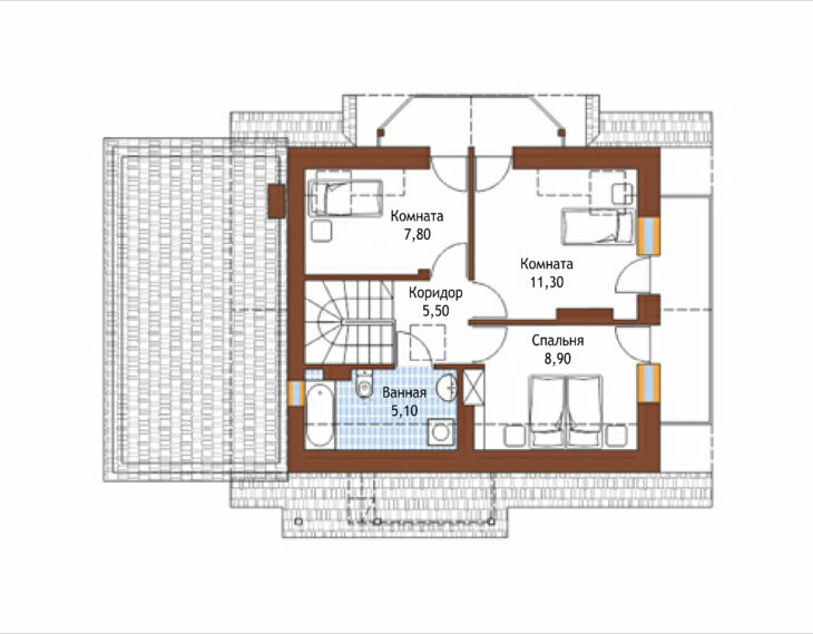 План 2 этажа мансардного дома с террасой и гаражом S96