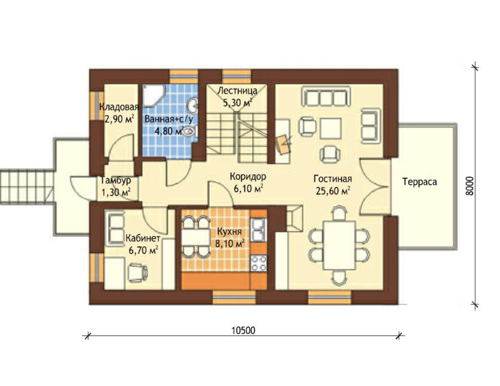 План 1 этажа мансардного дома с террасой S99