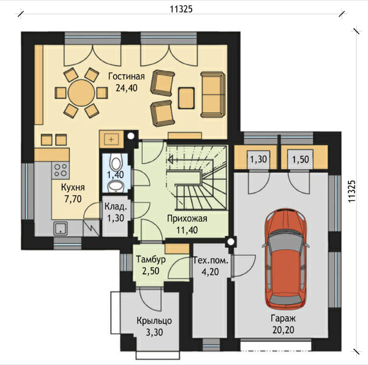 План 1 этажа двухэтажного дома с гаражом V31