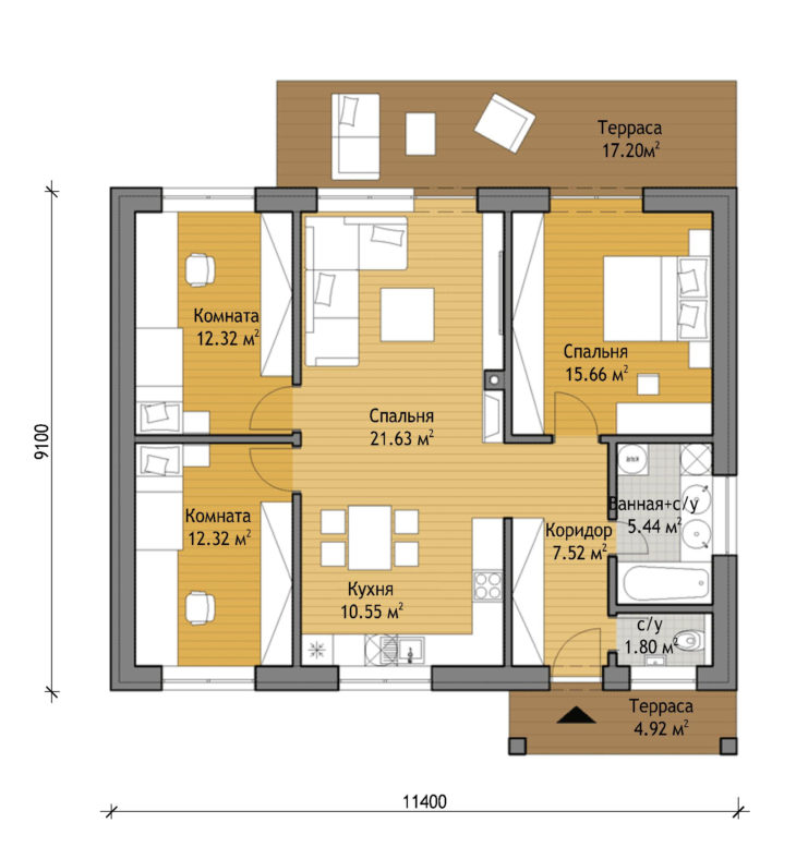 План этажа одноэтажного дома с террасой P106