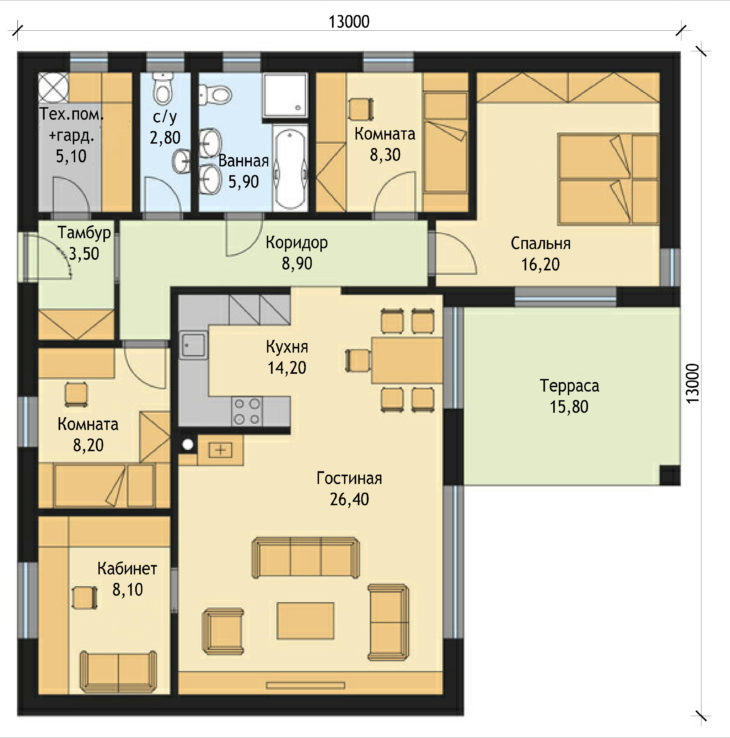 План этажа одноэтажного дома с террасой P89