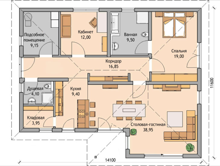 План этажа одноэтажного дома P91