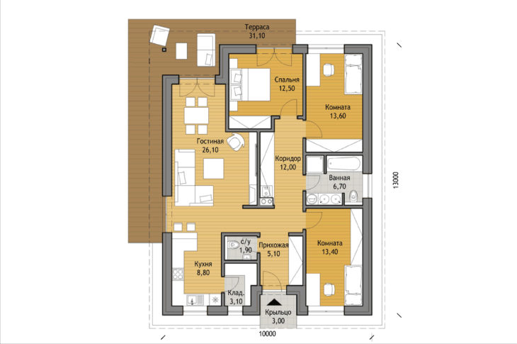 План этажа одноэтажного дома с террасой P99