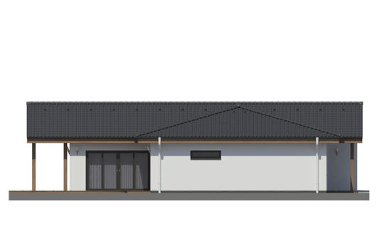 Фасад одноэтажного дома с террасой и гараж P107 - вид слева