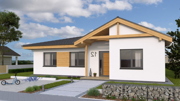 Проект одноэтажного дома с террасой и гараж P107 - фото №1