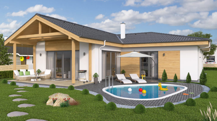 Проект одноэтажного дома с террасой и гараж P107 - фото №2