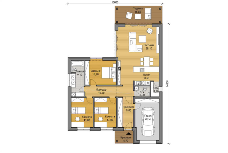 План этажа одноэтажного дома с террасой и гараж P107 - вариант 1