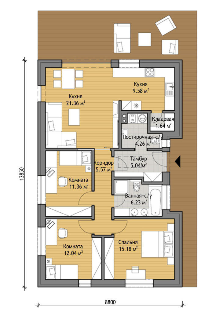 План этажа одноэтажного дома с террасой P108