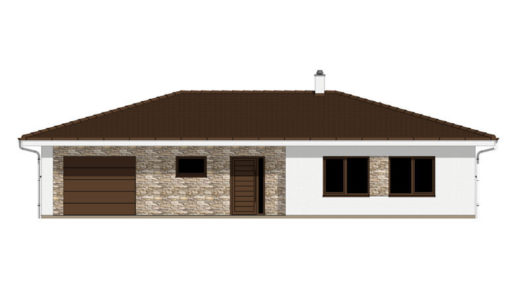 Фасад одноэтажного дома с террасой и гаражом P120 - вид спереди