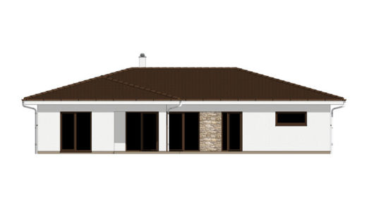 Фасад одноэтажного дома с террасой и гаражом P120 - вид справа