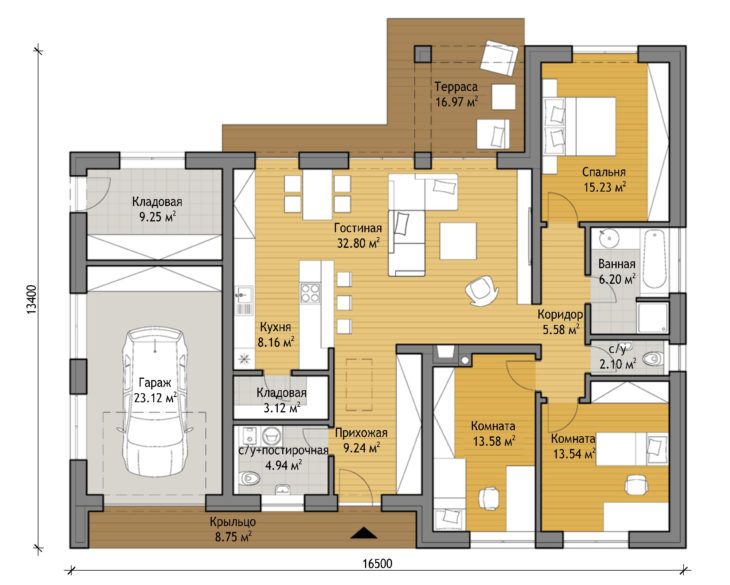 План этажа одноэтажного дома с террасой и гаражом P120