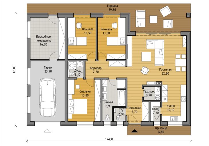 План этажа одноэтажного дома с террасой и гаражом P119
