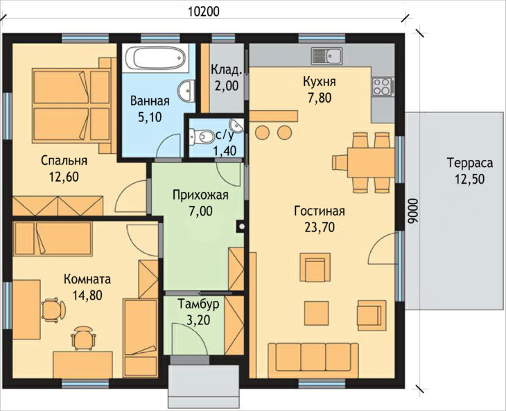 План этажа одноэтажного дома с террасой P66