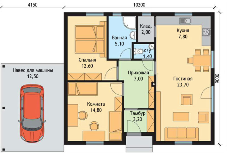 План этажа одноэтажного дома с навесом P70