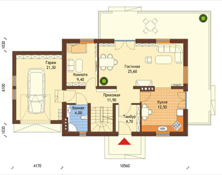 План 1 этажа мансардного дома с террасой, гаражом и подвалом S144