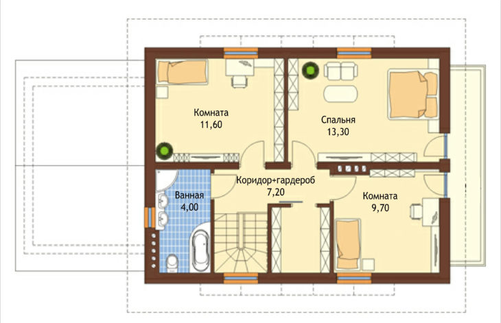 План 2 этажа мансардного дома с террасой, гаражом и подвалом S144
