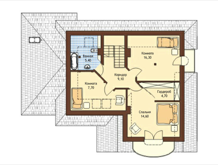 План 2 этажа мансардного дома с террасой и гаражом S158