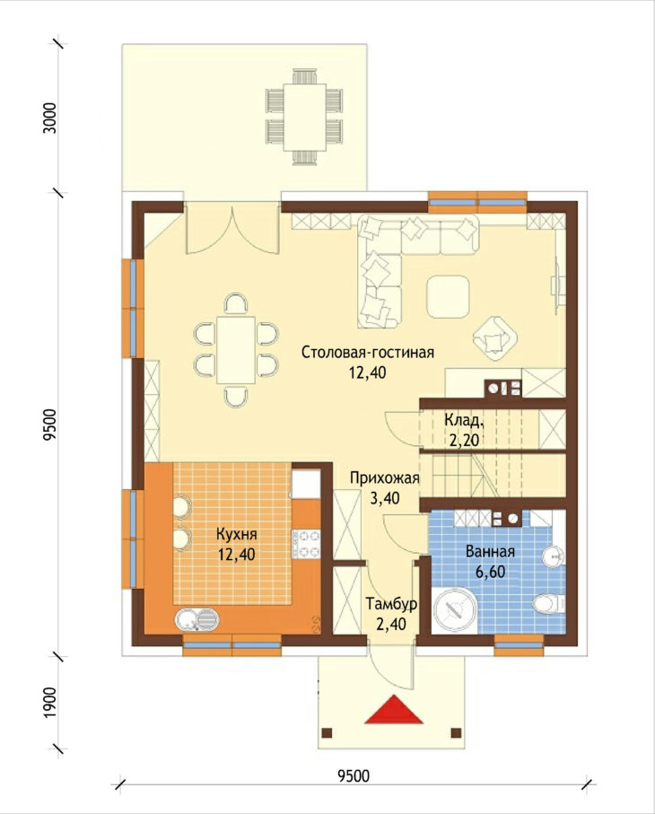 План 1 этажа мансардного дома с террасой S174