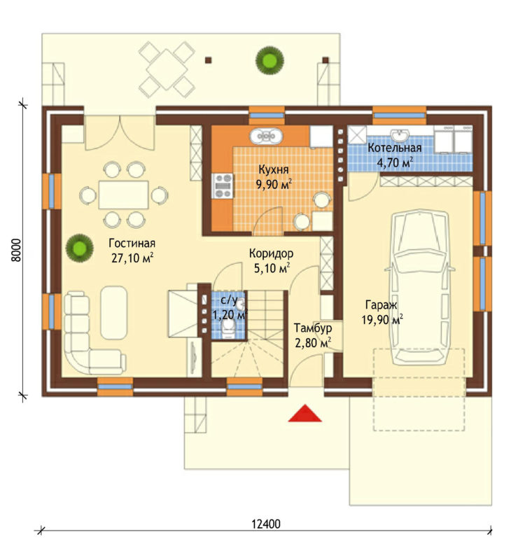 План 1 этажа мансардного дома с террасой и гаражом S103