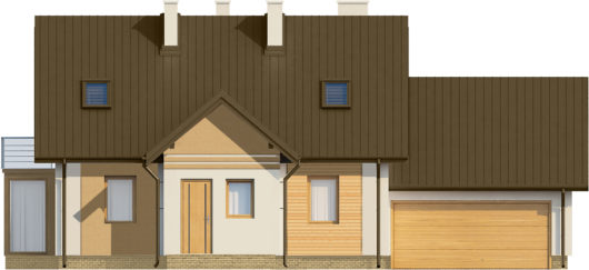 Фасад мансардного дома с террасой и гаражом S140 - вид спереди