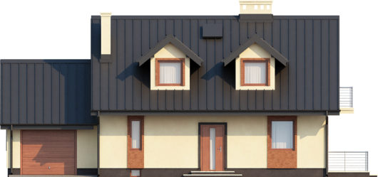 Фасад мансардного дома с террасой, гаражом и подвалом S144 - вид спереди