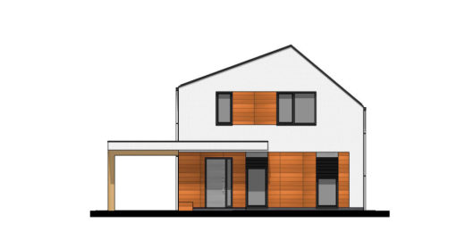 Фасад мансардного дома с террасой и навесом S69 - вид спереди