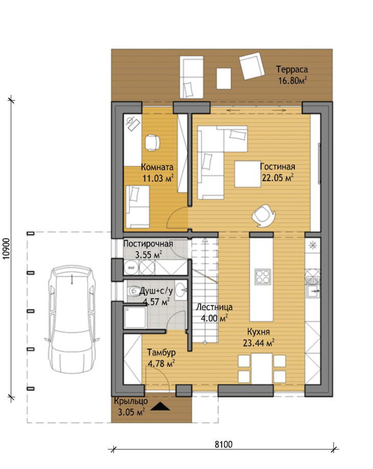 План 1 этажа мансардного дома с террасой и навесом S69