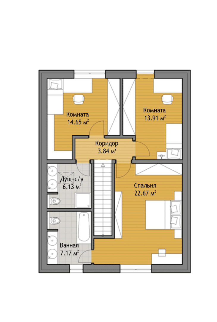 План 2 этажа мансардного дома с террасой и навесом S69