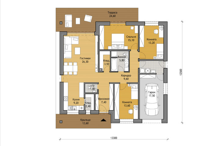 План этажа одноэтажного дома с террасой и гаражом P97 - вариант №1