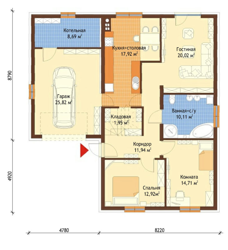 План 1 этажа двухэтажного дома с гаражом V34